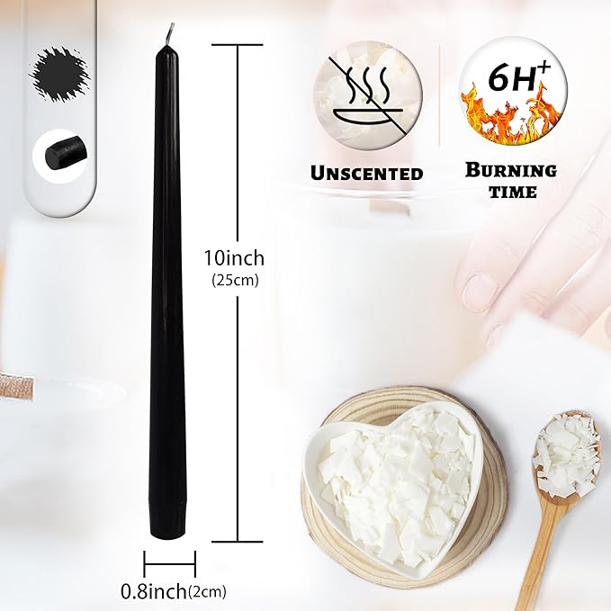 Dripless Unscented Black Taper Candles Smokeless Long Lasting Burn Elegant Tall 10 Inch Candlesticks for Home Décor Holiday Gift Dinner Party Formal Events