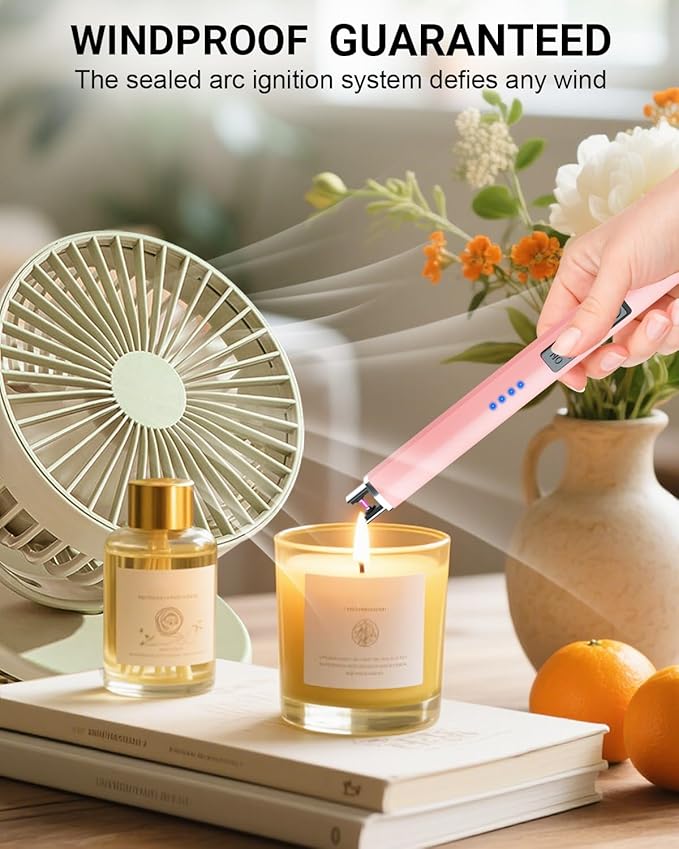 FUKKUDA Electric Candle Lighter with Safety Switch - USB Rechargeable Windproof & Flameless Plasma Arc Lighter for Easter Basket Stuffers (Rose Gold)