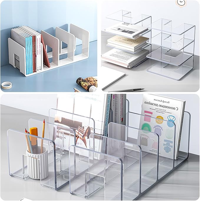 2PCS Acrylic File Organizer for Desk, Desktop Document/Mail Organizer, 4 Compartments Plastics Invisible Bookshelf Floating (12.5" x 5.7" x 5", Purple)