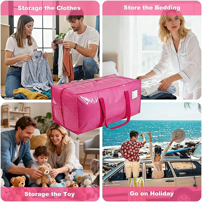 Extra Large Storage Bags, 23 Gallon Capacity, Pink Waterproof Moving Totes with Handles and Label Pocket, Heavy Duty Zipper (2, Jelly Pink)