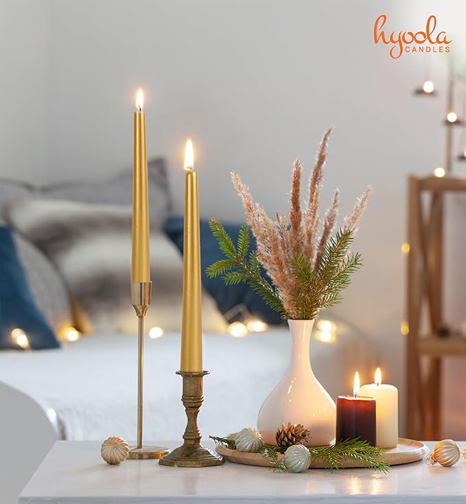 Hyoola Tall Taper Candles - 10 Inch Metallic Gold Dripless, Unscented Dinner Candle - Paraffin Wax with Cotton Wicks - 8 Hour Burn Time (Pack of 12)