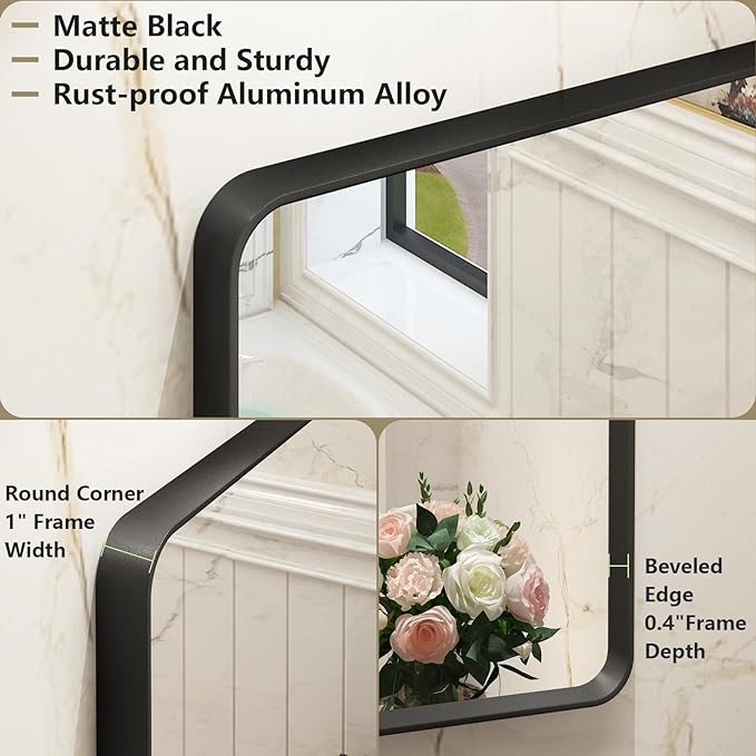 OKPAL 72X36 Inch Black Metal Frame Bathroom Mirror, Black Large Rounded Rectangle Mirror for Wall, Matte Black Bathroom Vanity Mirror, Large Modern Bathroom Mirror, Anti-Rust, Shatterproof