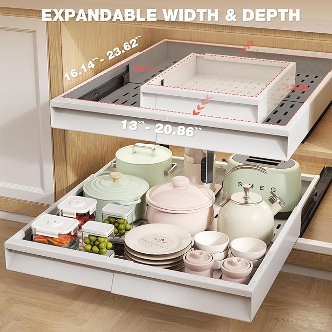 2 Pack Pull Out Cabinet Organizer With Raising Pad for Framed Cabinets,Expandable Width (13"-21") and Depth (17"-24"),3 Slide Rails Slide Out Drawers with Handle,No-Drill Roll Out Shelf,White