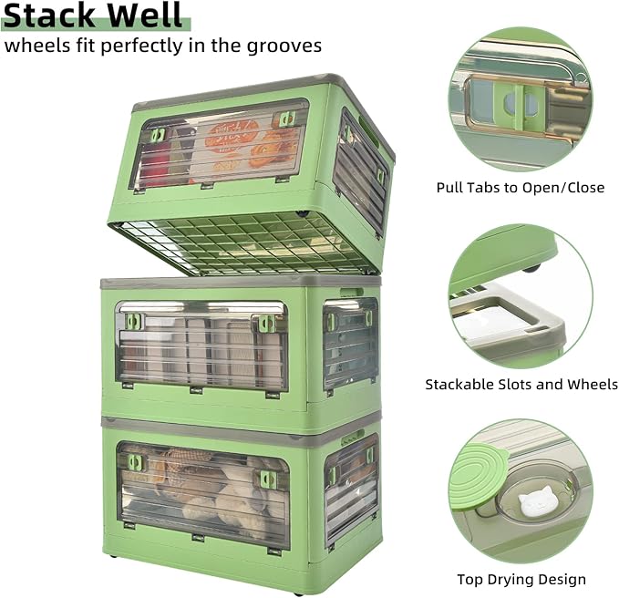 32Qt Plastic Storage Bins with Lid, Collapsible Storage Bins with Wheels, Storage Boxes with 4 Doors, Stackable Storage Bins for Organizing Clothes, Snacks and Camping, 2-Pack (Green)