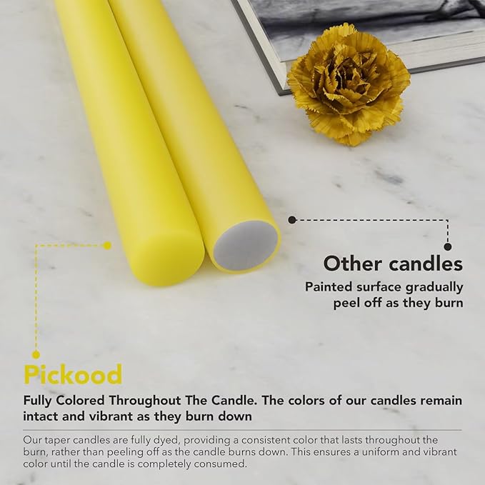 10-Inch Tall Dripless Taper Candles Set of 4 - Yellow Tapered Candles, Perfect for Spring - Smokeless, Unscented, Long Burning - Hand Poured, Colored Tall Candlesticks - Light Yellow