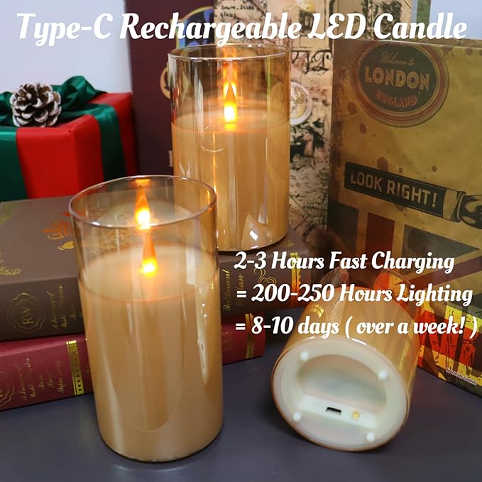 Rechargeable Flameless Candles Type-c Rechargeable Battery Candle with Remote Control and Timer Function Real Wax Warm Color Moving Flame for Halloween Christmas Festival Wedding Home Party 200 Hours