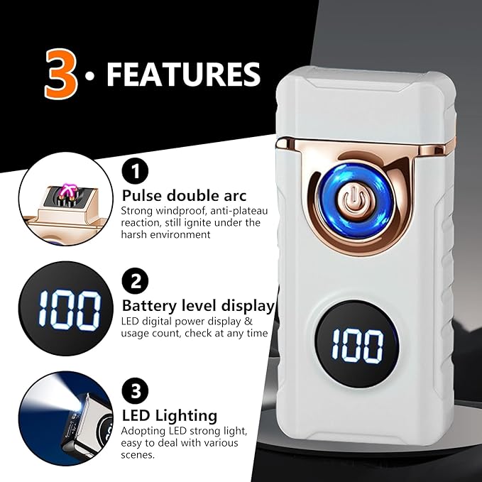 SKRFIRE Plasma Rechargeable Electric Lighter for Candle Arc Type C Electronic Torch Windproof Portable Metal Lighter with LED Power Display for Camping, Hiking, BBQ (Luminous White)