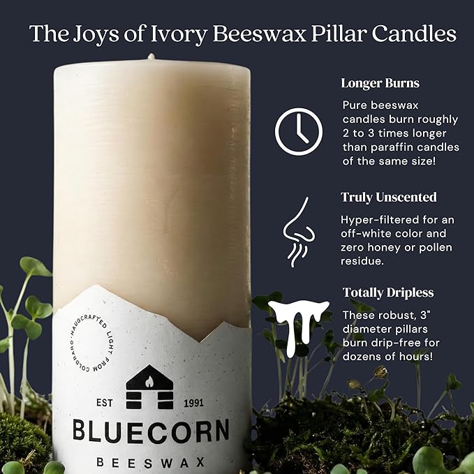 Bluecorn Beeswax Pillar Candle, 100% Pure Natural Bees Wax, Ivory White 3x6 Candle, Clean Burning & Dripless, Long Lasting (90 Hrs), Paraffin, Soy & Fragrance Free, Home Decor, American Made, 1 Count