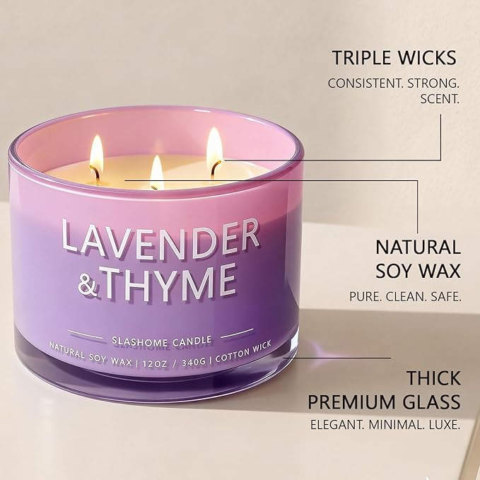 Lavender Thyme Scented Candle, Luxury Large 3 Wick Soy Candle 12 Oz, 60+ Hour Long Lasting Clean Burn, Elegant Aromatherapy Home Decor, Housewarming & Birthday Gift for Men & Women