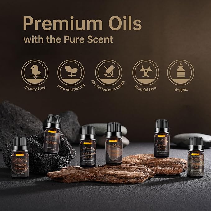 Men Essential Oils Set for Diffuser, Father's Day Gift for Men - 6x10ml Masculine Fragrance Oils for Candle Making, Scented Oil Gift Set, Mahogany, Sandalwood, Cologne, Smoke Vanilla, Oak, Leather