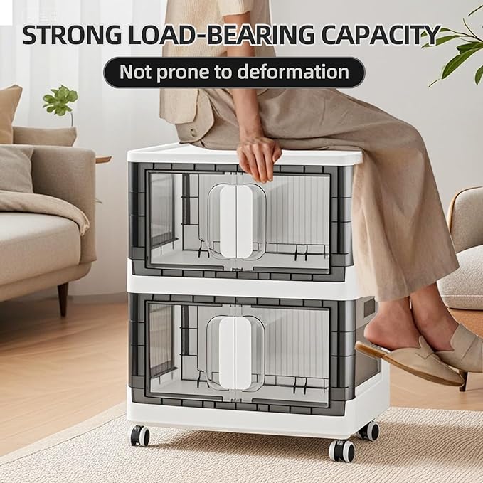 Folding Storage Organizer with Silent casters | Stackable Design for Home & Office, Heavy-Duty Plastic Storage Bin with Clear Door, 3 Sizes (19.5/23.5/27.5in),Black/White (27.6" 1 layer, White)