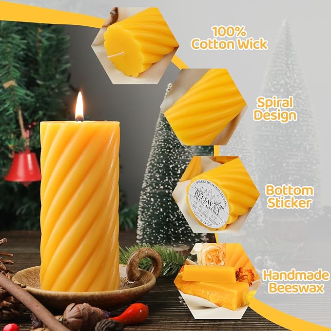 Natural Beeswax Pillar Candles,92 Hours Long Burning,100% Pure Beeswax Candles Unscented Bees Wax Candles for Home,Emergency, Dripless Beeswax Candle Bulk,2.8x6in Spiral Pillar Candles