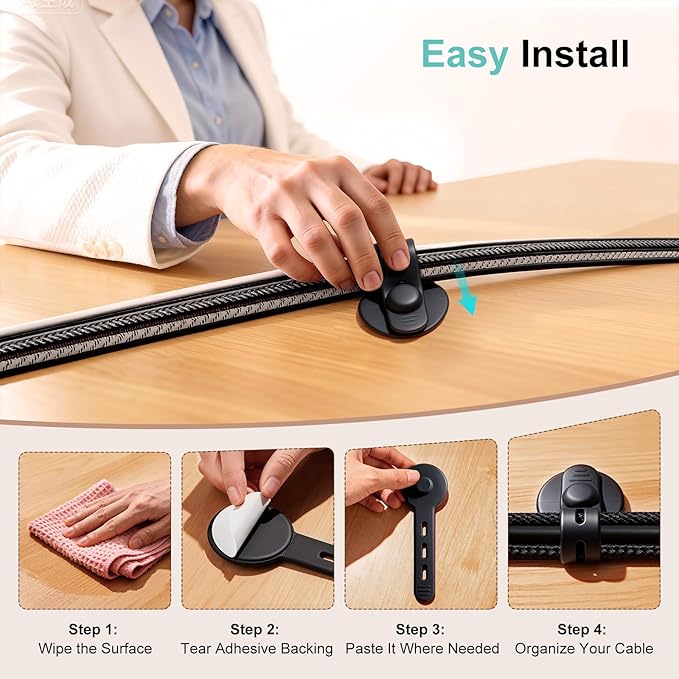Cable Management Under Desk, 2026 New Upgraded Cord Organizer, Silicone Cable Ties Straps, Adjustable Wire Organizers for Cords, Self Adhesive Sticky-Back Cable Clips Hider Under Table, 12Pcs - Black