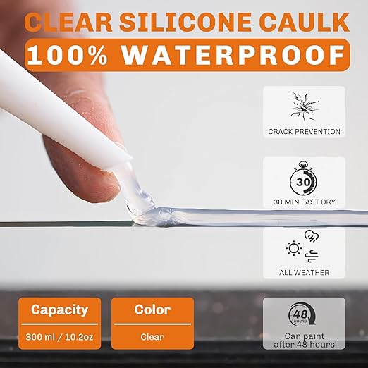 WELLUCK Clear Silicone Caulk, 100% Waterproof Silicone Sealant Adhesive Caulking,for RV, Kitchen,Bathroom, Window, Door, Glass,10.2FL.OZ/300ML (12 Pack)
