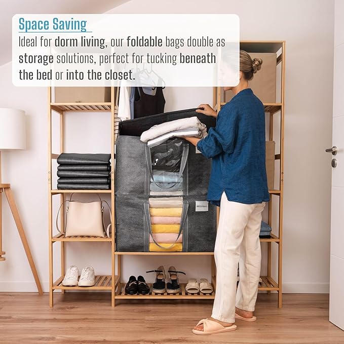 VENO 2 Pack Moving Bags with Clear Window, Heavy Duty Storage Bins with Lid, Around Handles, Tag, Zippers, Extra Large Totes Packing Moving Boxes Supplies for College Dorm Clothes (Dark Gray)
