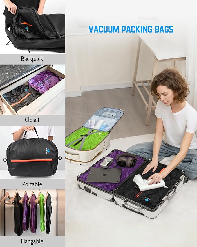 Zurligi Travel Vacuum Compression Bags with Removable Handle & Mini Pump – 39L Reusable IPX8 Waterproof Vacuum Packing Cubes, Vacuum Seal Bags for Clothes, Suitcase & Backpack(1-Pack Black)