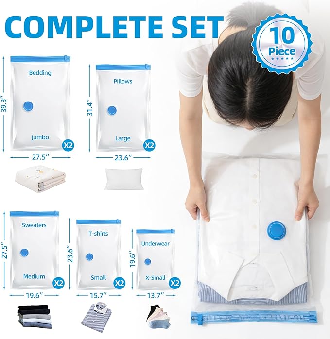 KMOSENIA Vacuum Storage Bags with Electric Pump, Vacuum Seal Bags, Space Saver Compression Bags for Clothing, Pillows, Blanket, Bedding Comforters, Travel Lugggage, 10 Combo