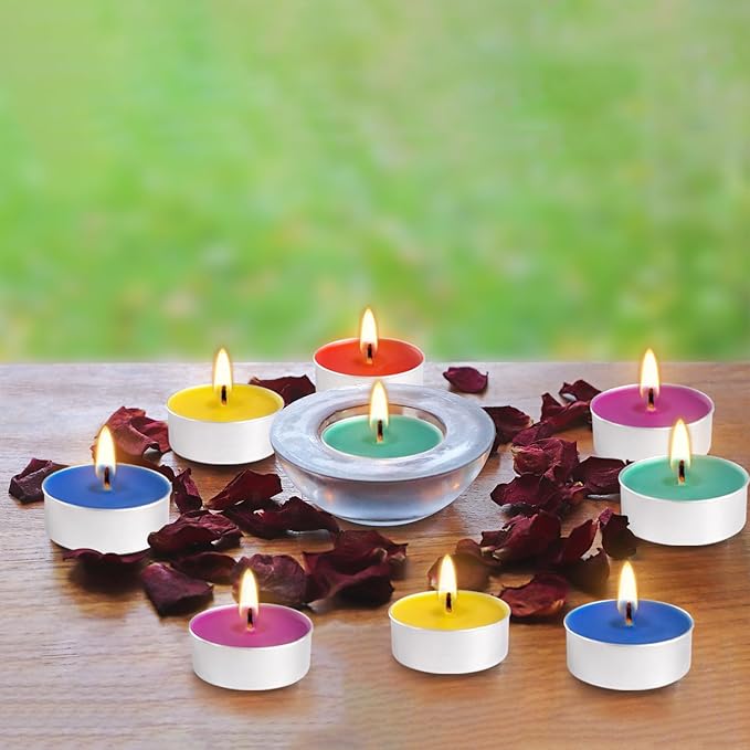 50 Pack Colorful Tealight Candles - 4-Hour Burn Unscented Smokeless Tea Lights for Home Decor, Rituals, Parties & Relaxation