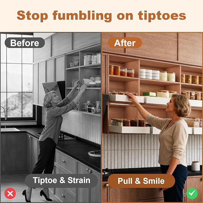 Pull out Cabinet Organizer,Width (18"-25") and Depth (10"-13") Expandable,No Drill Adjustable Slide out Drawers for Pantry,Adhesive Roll out Shelves Short,for upper cabinet,White