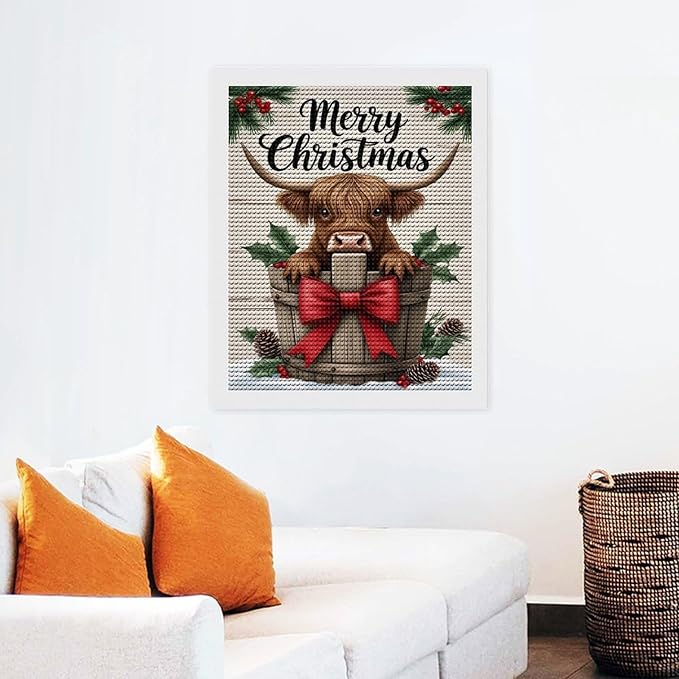 AIVKIEJK Diamond Painting Kits for Adults - Highland Cow Merry Christmas Painting DIY 5D Full Drill Diamond Dots Paintings with Diamonds Gem Art and Crafts Home Decor 16"x20"