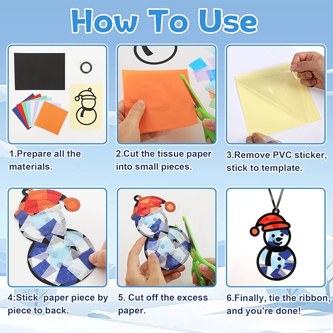 Qyeahkj 36 Set Winter Snowman Suncatchers Crafts Kit DIY Window Tissue Paper Craft Kits Stained Glass Effect Sun Catcher Xmas Holiday Hanging Ornament for Home Activity Art Favor Gift