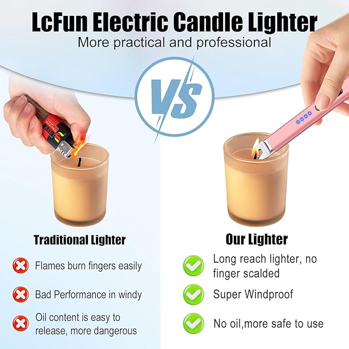 LcFun 2 Pack Candle Lighter Electric USB Rechargeable Plasma Arc Lighter with Safety Lock, Windproof Flameless Long Lighters for Candle, Grill, BBQ, Camping, Gas Stoves (Black, Rose Gold)