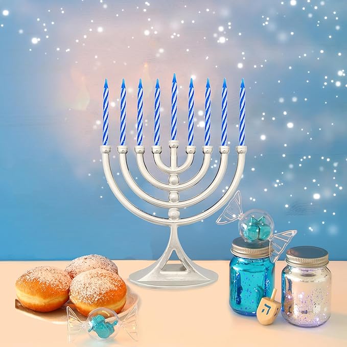 24-Pack Hanukkah Silver Mini Menorah with Candles Classic 5 Inch Great for Travel, Hanukkah Decor Centerpiece