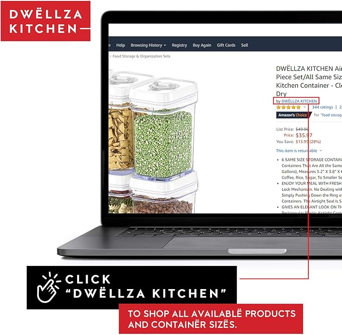 DWËLLZA KITCHEN Airtight Food Storage Containers Set - 12 PC Set - For Kitchen Pantry Organization and Storage - BPA-Free - Clear Plastic Dry Food Canisters with White Lids, Keeps Food Fresh.