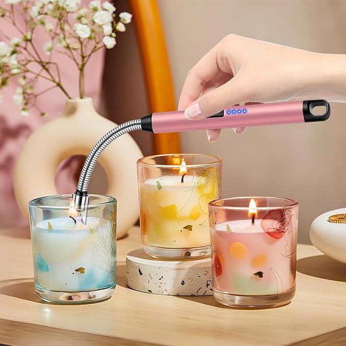 LcFun 3 Pack Electric Candle Lighter Windproof USB Rechargeable Plasma Lighter with LED Battery Display, Flameless Long Arc Lighters for Candle Grill BBQ Camping Stove (Black,Silver,Pink)