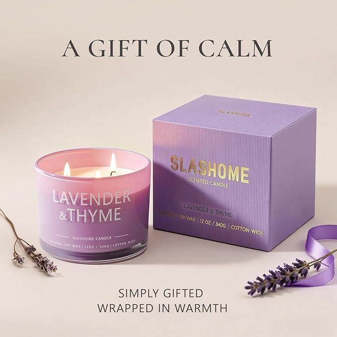 Lavender Thyme Scented Candle, Luxury Large 3 Wick Soy Candle 12 Oz, 60+ Hour Long Lasting Clean Burn, Elegant Aromatherapy Home Decor, Housewarming & Birthday Gift for Men & Women