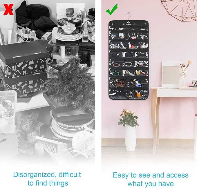 Hanging Jewelry Organizer with 50 Transparent Pockets, 360° Rotating Hanger & Secure Zipper Closure - Foldable Double Sided Jewelry Storage Bag for Earrings, Rings, Necklaces, Bracelets (Black)