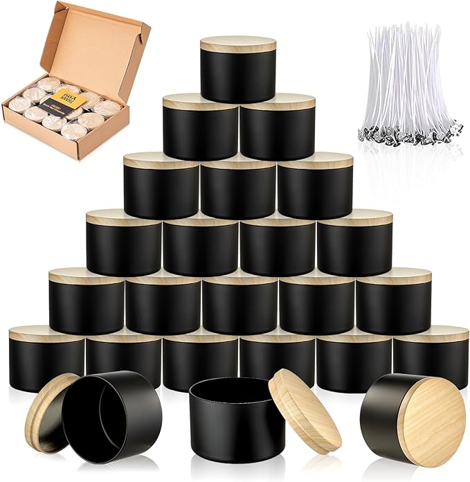 MGLIFEUL Candle Tins Jars Container Vessels for Making 4 8 Oz Black Empty Candle Tins Can Gift Box Packaging Plate with Lids Wax Container Bulk Making DIY Candle Supplies Accessories(Black,4oz,24pcs)