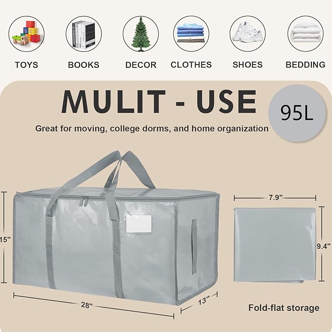 12 Pack-Extra Large Heavy Duty Moving Bags - Waterproof Storage Totes with Handles & Zippers, Foldable for College Dorm, Storage (light gray)