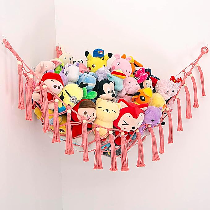 MAKEONEWO Stuffed Animal Toy Hammock Hanging-Handmade Large Pink Macrame Organizer Display Corner Plush Toys Net Holder for Boho Girl Nursery Playroom Bedroom Kids Room Storage, 1 Pack