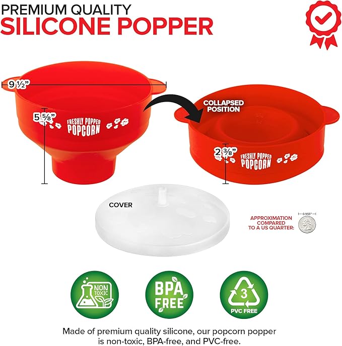 Silicone Microwave Popcorn Popper (Red) Air Popper Popcorn Maker No Oil Required, Collapsible Pop-Corn bowl with Lid, Reusable, BPA-Free, Dishwasher Safe
