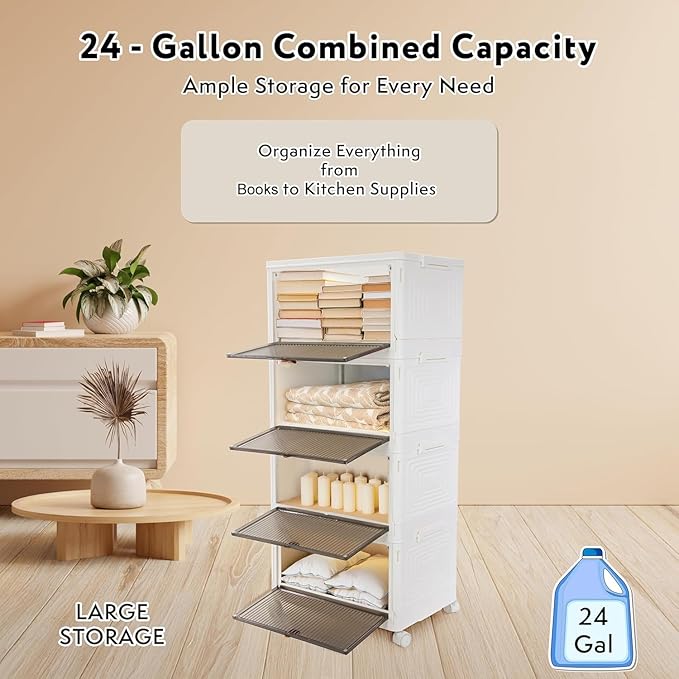 FELICON 6 Gallon 4 Tier Storage Bins with Lids,Magnetic Door,Wheels,Collapsible Organizer Foldable Container,Wardrobe Closet for Bedroom Living Room Neat,Dorm,Organized Homes(White)