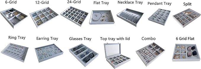 Grey Velvet Stackable Organizer Premium Grade Fabric Soft Protection for Jewelry Collection Removable Rearrangeable 12-Grid Drawer Divider Small Space Storage Ring Necklace Earring