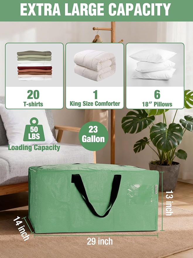 WORKPRO 8 Pack Extra Large Moving Bags with Zippers & Carrying Handles Backpack Straps, Heavy-Duty Storage Tote for Space Saving & Storage, Alternative to Moving Box (Green)