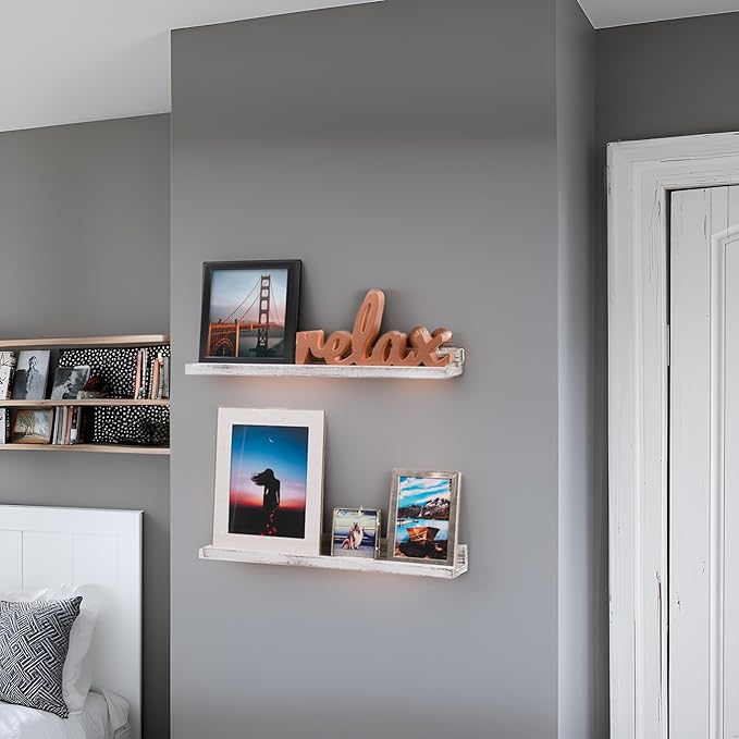 Rustic State Ted 24" Wall Mount Picture Ledge Photo Frame Display - Wooden Floating Shelves for Living Room Office Kitchen Bedroom Bathroom Décor Storage - Distressed White - Set of 2