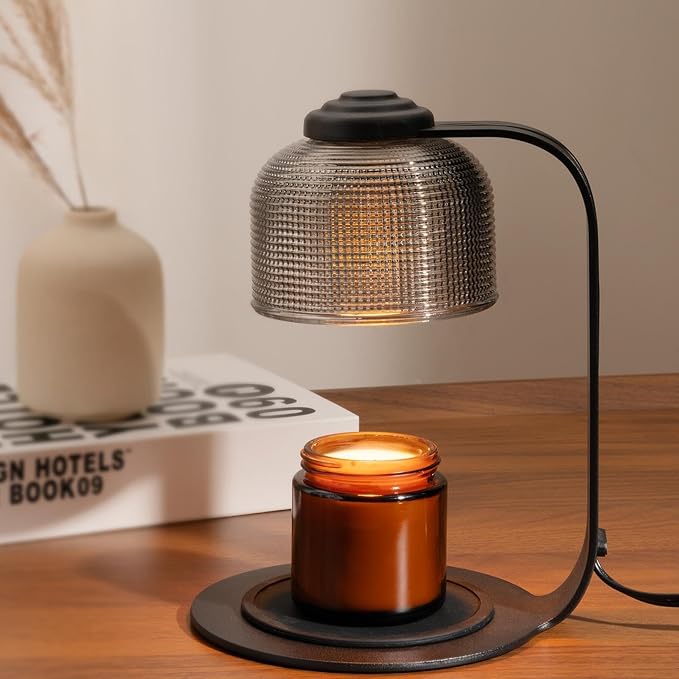 Candle Warmer Lamp with Timer 2 Bulbs, Office Kitchen Countertop Lamp Home Decor for Soy Candle, Gift for Mom Friends and New Home(Pixel-Art Black Glass)