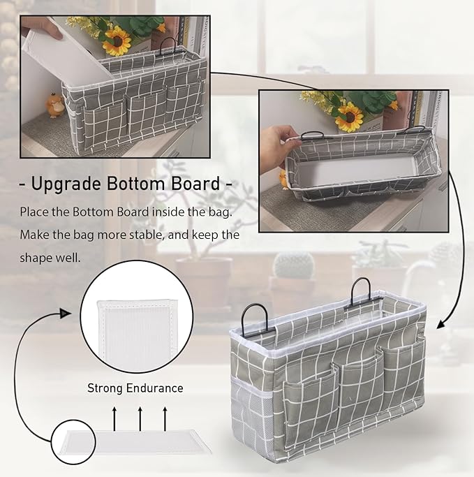 2pcs 3-pockets Large Wall Hanging Organizer Bag, Linen Fabric Door Hanging Storage Baskets with Pockets, Waterproof Bin for Kitchen, Bedroom, Office, RV Camper (GreyGrid-2pcs)