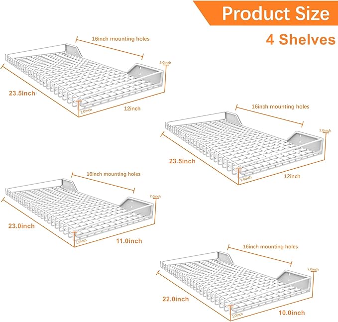 WALMANN Garage Wall Shelf, 4 Mixed-Size Wall-Mounted Storage Shelves for Garage, Closet, Laundry Room, Heavy Duty Wall Shelving, Holds Up to 65 lbs(White, 4 Mixed-Size Shelves)