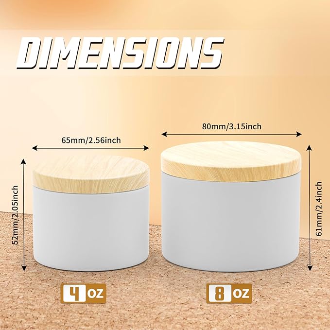 24-Pack Candle Jars, 12pcs 8oz + 12pcs 4oz Candle Tins with Metal Wood-Grain Printing Lids, Empty Candle Jars for Making Candles Bulk Candle Containers - White