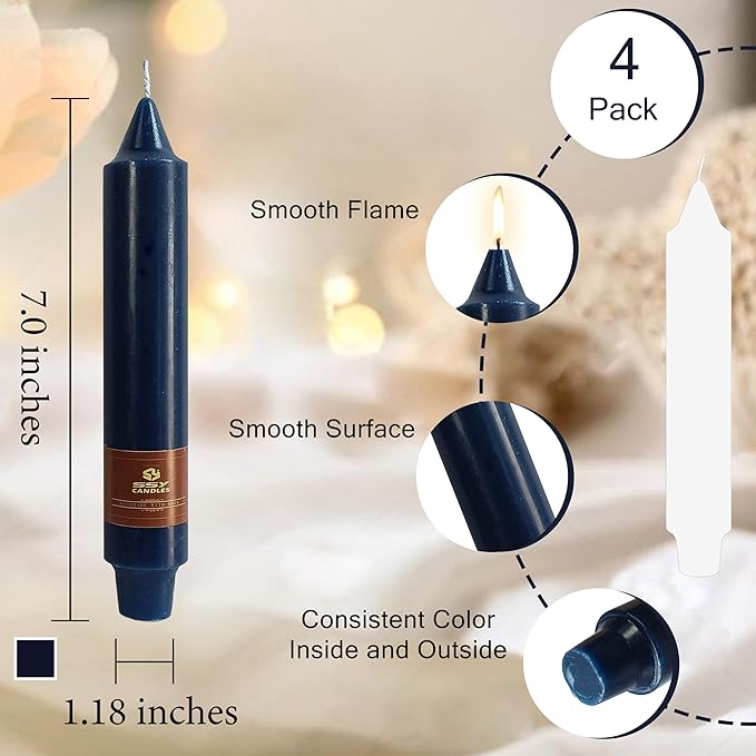 Navy Short Taper Candle 7 Inch Candlesticks Unscented Dripless Tapered Candle Set for Home Decor Wedding Party Dinner Candles, 4 Pack