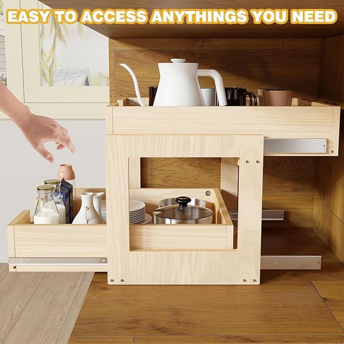 Pull Out Cabinet Organizer, 14''W×21''D×16''H Soft Close Slide Out Wooden Pull out Drawers, Double Tier Slide out Wood Cabinet Organizer, for Base Cabinet Organization in Kitchen, Pantry, Bathroom