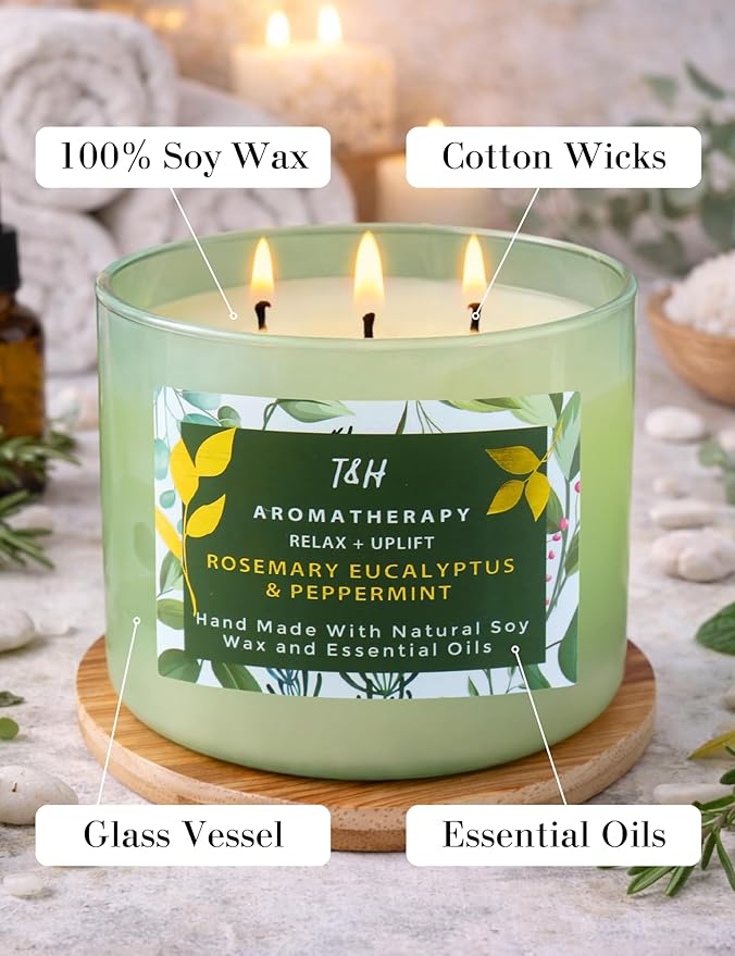 Rosemary Eucalyptus Peppermint 3 Wick Candle for Home Scented | 15.8 oz Large Soy Candle | Spa Aromatherapy Candles for Home Stress Relief | Clean Burn | Gift for Women & Men