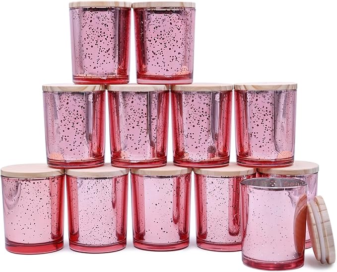 SHOWIN Thick Candle Jars for Making Candles 12 Pcs, 7 OZ Empty Jars with Wood Lids for Candle Making, Sample Container, Rose Pink