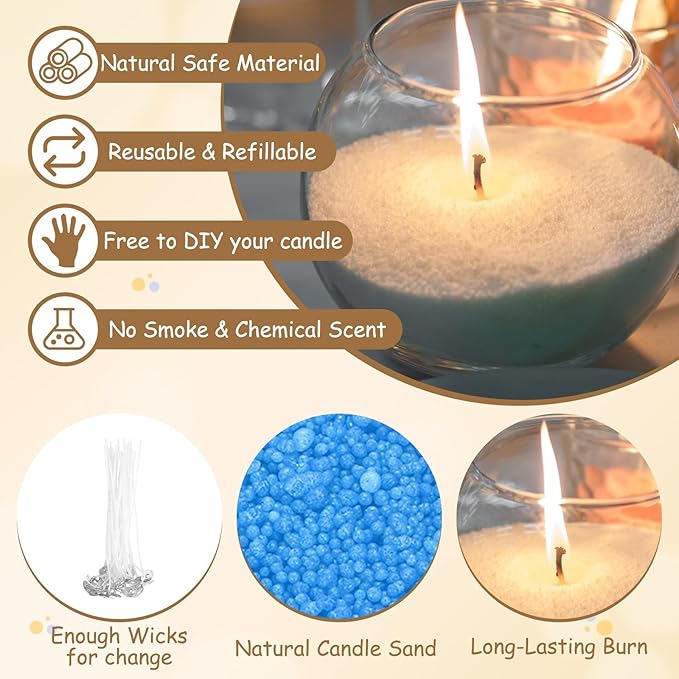MECCANIXITY Pearled Sand Candles with 50 Pcs Wicks 21Oz / 600g Candle Beads Refillable Powder Sand Wax Making Kit for Thanksgiving Christmas Wedding Party DIY Home Crafts, Blue