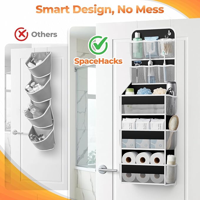 5-Tier Over the Door Organizer with Mesh Pockets, Baby Nursery Storage for Closet, Bathroom and Bedroom, Adjustable Hanging Closet Organizer for Cosmetics, Books and Essentials（Black）