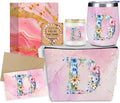 Personalized Gifts Monogrammed Birthday Gifts for Women, Niece Auntie Boss Teacher Appreciation Christmas Initial Wine Tumbler Makeup Bag Scented Candle Bracelet Set, (Aesthetic Pink Flower D)